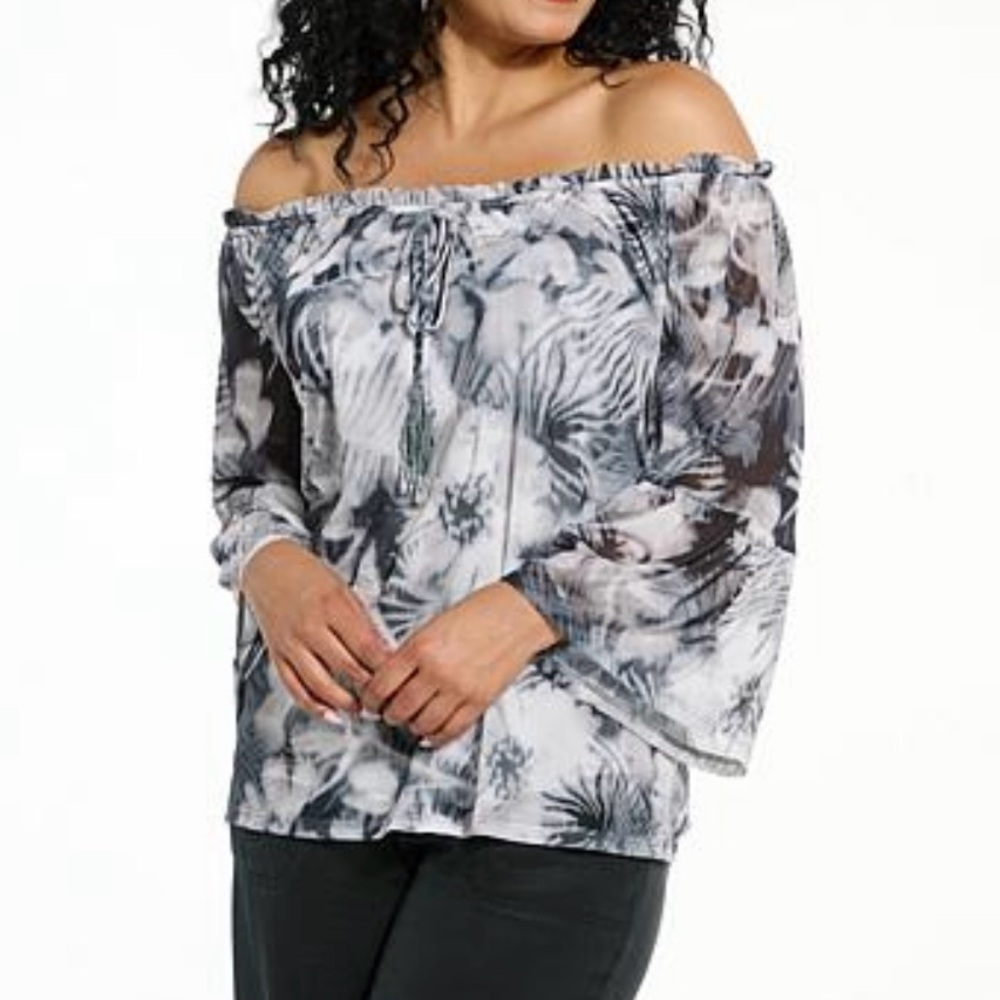 G by Giuliana Off-the-Shoulder Printed Aria Mesh Knit Blouse Size XXS